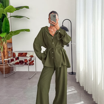 Loungewear-Set aus einfarbigem, strukturiertem Crinkle-Gewebe - Grün - L - image 7