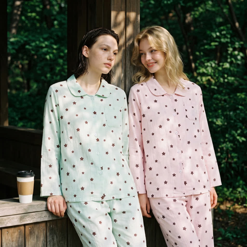 Baumwollpyjama mit pastellfarbenem Sternenmuster und langen Ärmeln - image 3