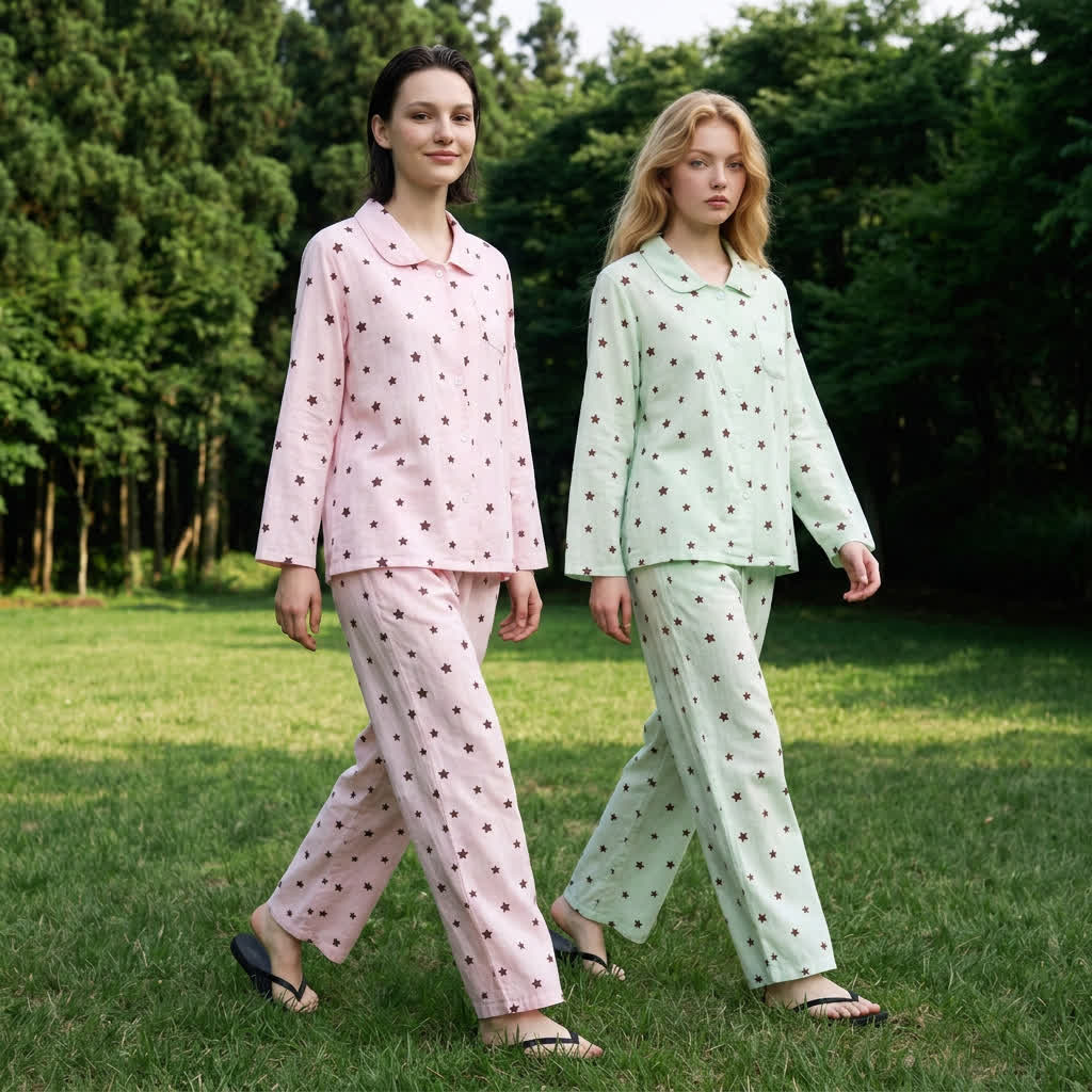 Baumwollpyjama mit pastellfarbenem Sternenmuster und langen Ärmeln - image 0