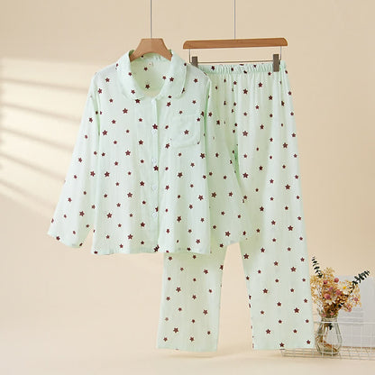 Baumwollpyjama mit pastellfarbenem Sternenmuster und langen Ärmeln - Grün - XL - image 5
