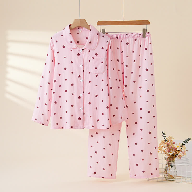 Baumwollpyjama mit pastellfarbenem Sternenmuster und langen Ärmeln - Rosa - XL - image 13
