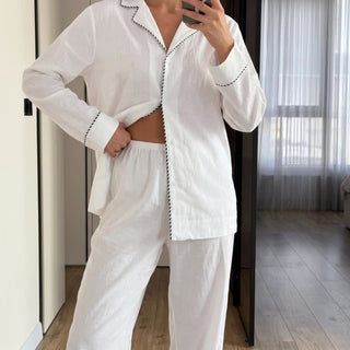 Loungewear-Set aus minimalistischer Baumwolle mit Kontrastbesatz - Weiß - L - image 0