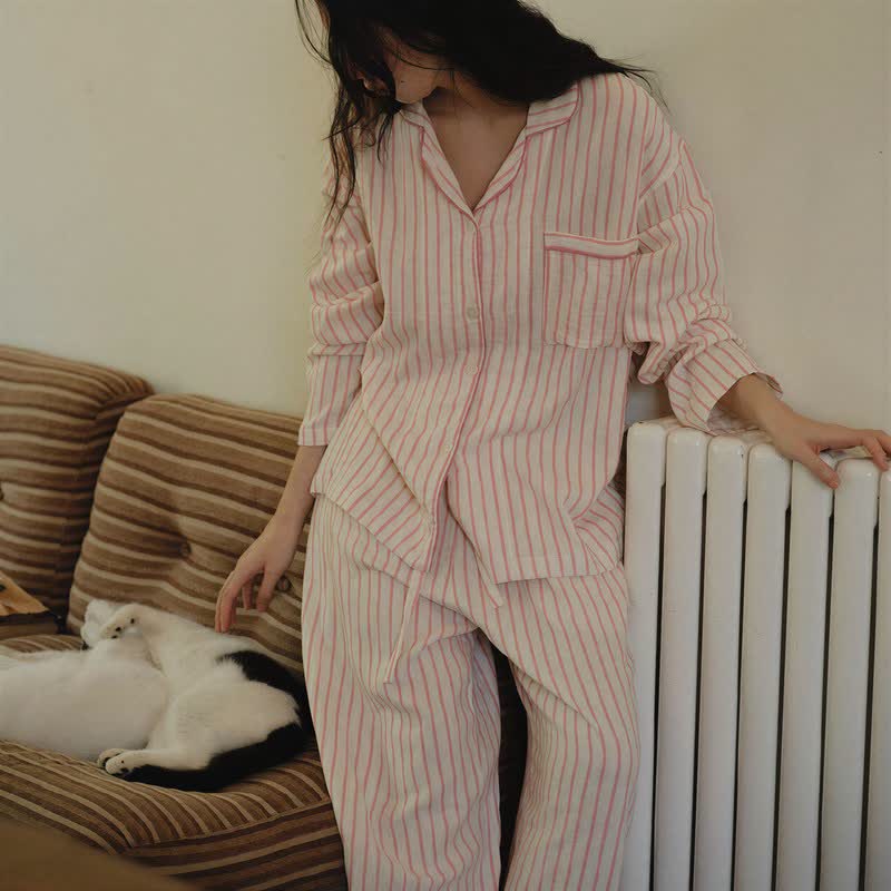 Entspanntes Schlafset aus Baumwollgaze mit Nadelstreifen - Rosa - XL - image 6