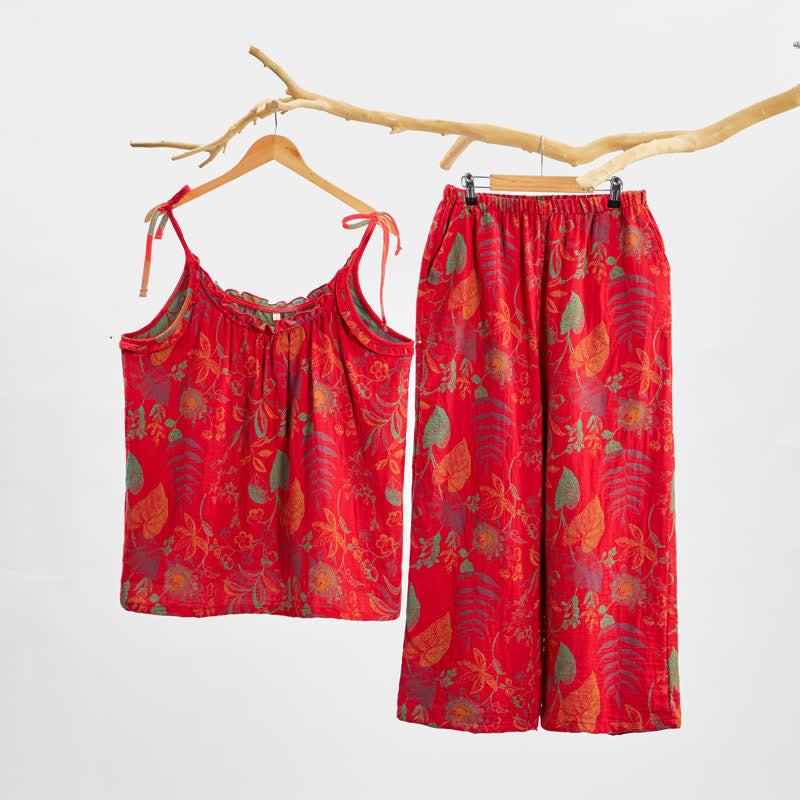 Retro-Loungewear-Set aus Baumwolle mit rotem Blattmuster - Rot - XL - image 0