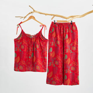 Retro-Loungewear-Set aus Baumwolle mit rotem Blattmuster - Rot - XL - image 0