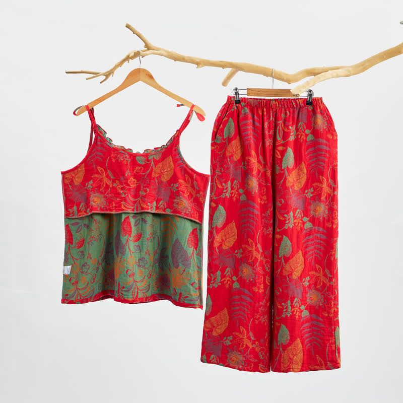 Retro-Loungewear-Set aus Baumwolle mit rotem Blattmuster - image 1
