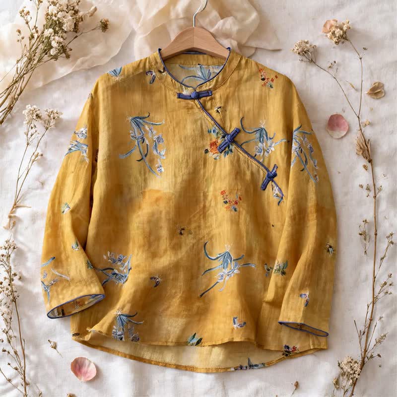 Vintage Langarmshirt mit Blumen- und Insektenmuster - Gelb - 2XL - image 0