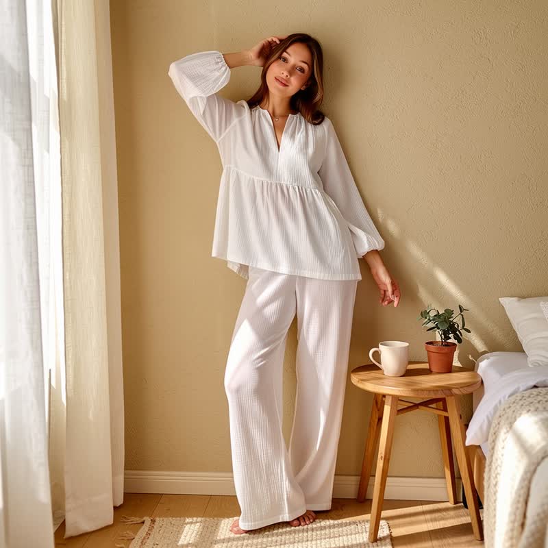 Loungewear-Set aus weißem Baumwollgaze - image 3