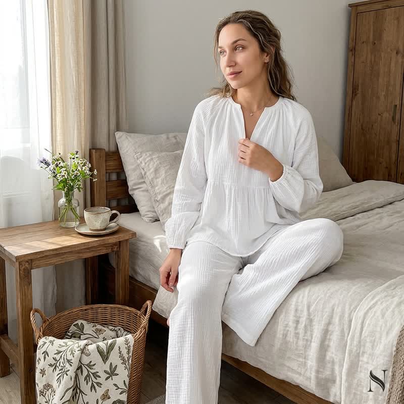 Loungewear-Set aus weißem Baumwollgaze - Weiß - L - image 0