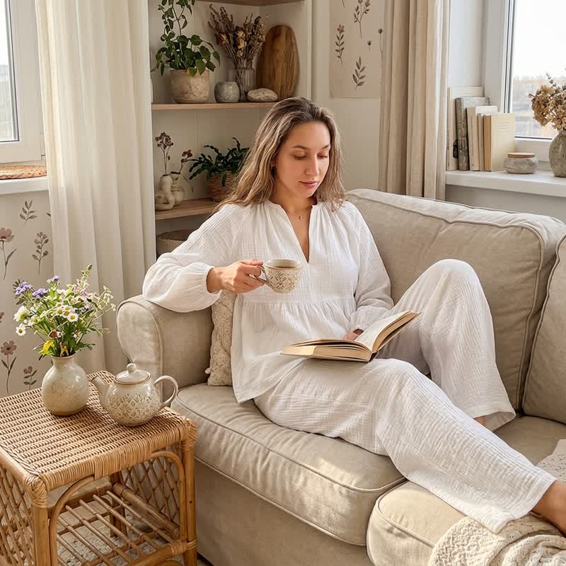 Loungewear-Set aus weißem Baumwollgaze - image 2