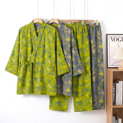 Kimono-Lounge-Pyjama-Set aus Baumwolle mit Ginkgo-Blatt - Grün - XL - image 0