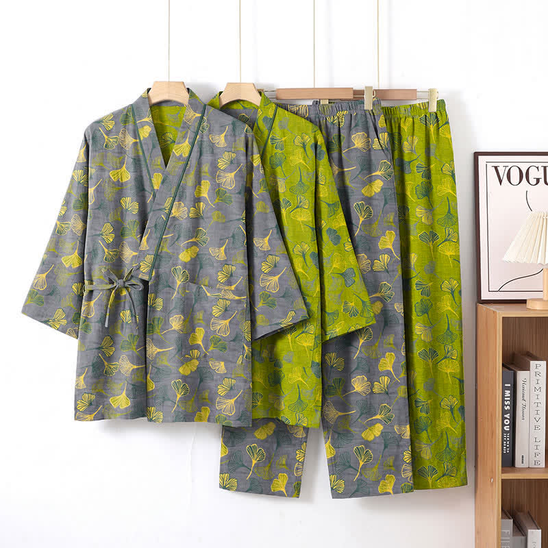 Kimono-Lounge-Pyjama-Set aus Baumwolle mit Ginkgo-Blatt - Hellgrau - XL - image 6