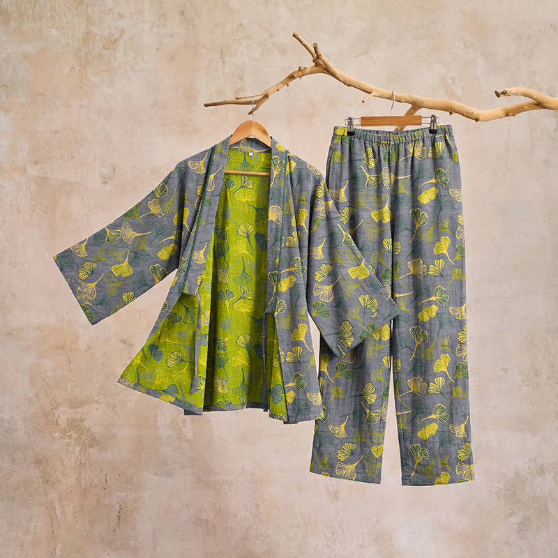 Kimono-Lounge-Pyjama-Set aus Baumwolle mit Ginkgo-Blatt - image 10