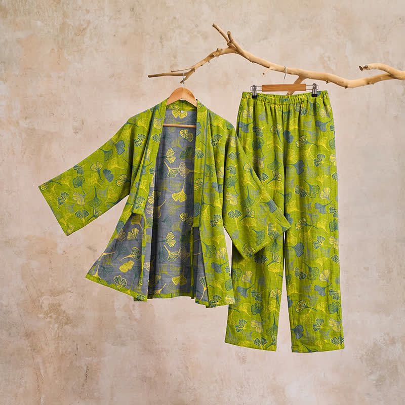Kimono-Lounge-Pyjama-Set aus Baumwolle mit Ginkgo-Blatt - image 4