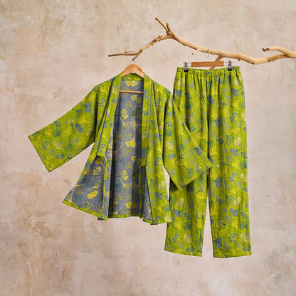 Kimono-Lounge-Pyjama-Set aus Baumwolle mit Ginkgo-Blatt - image 4