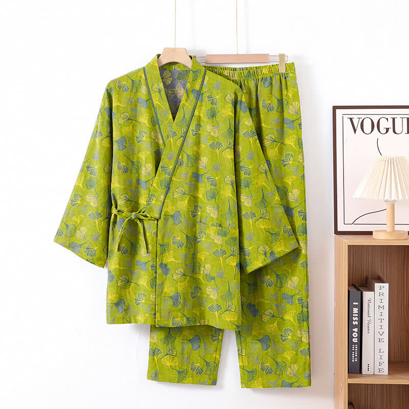 Kimono-Lounge-Pyjama-Set aus Baumwolle mit Ginkgo-Blatt - image 1