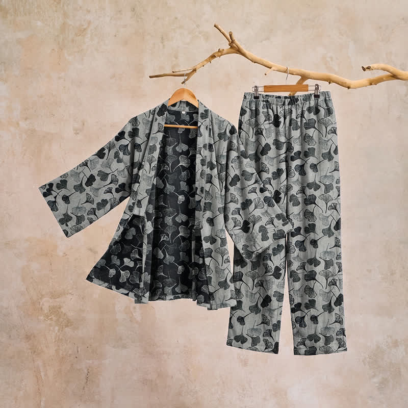 Loungewear-Set aus Baumwolle mit langen Ärmeln und Ginkgoblatt-Motiv - image 9