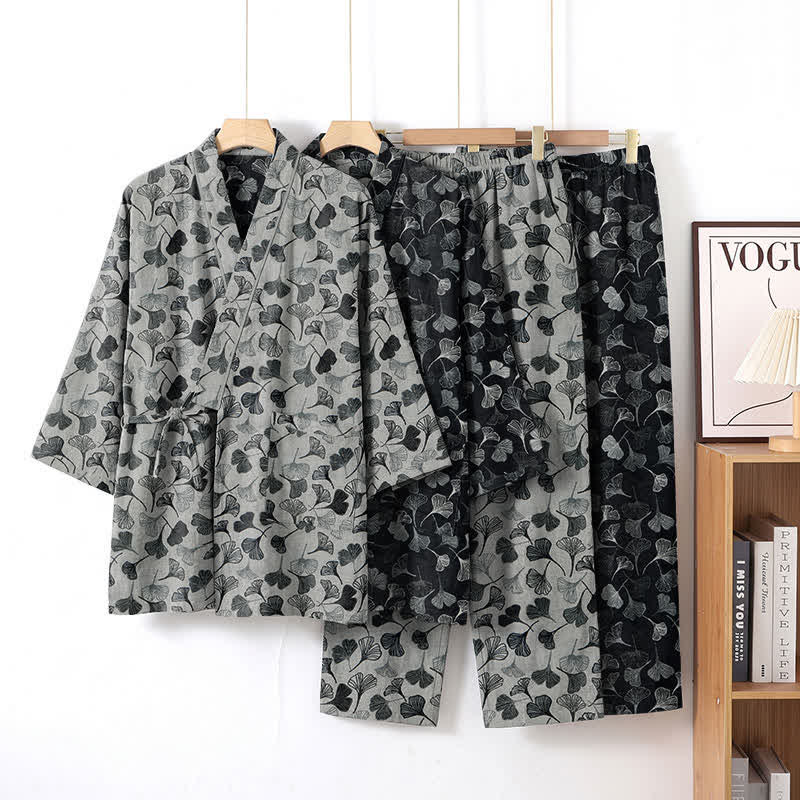 Loungewear-Set aus Baumwolle mit langen Ärmeln und Ginkgoblatt-Motiv - Weiß - XL - image 5