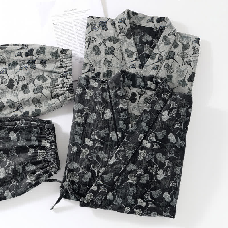 Loungewear-Set aus Baumwolle mit langen Ärmeln und Ginkgoblatt-Motiv - image 4