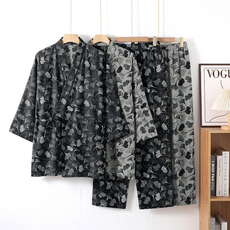 Loungewear-Set aus Baumwolle mit langen Ärmeln und Ginkgoblatt-Motiv - Schwarz - XL - image 0