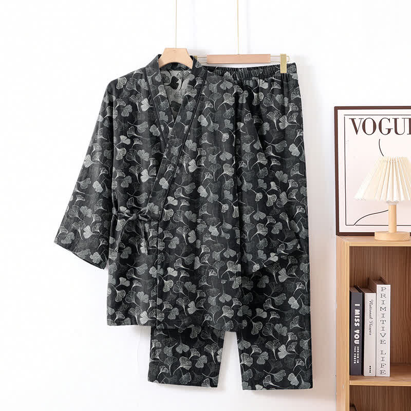 Loungewear-Set aus Baumwolle mit langen Ärmeln und Ginkgoblatt-Motiv - image 1