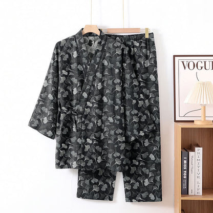 Loungewear-Set aus Baumwolle mit langen Ärmeln und Ginkgoblatt-Motiv - image 1