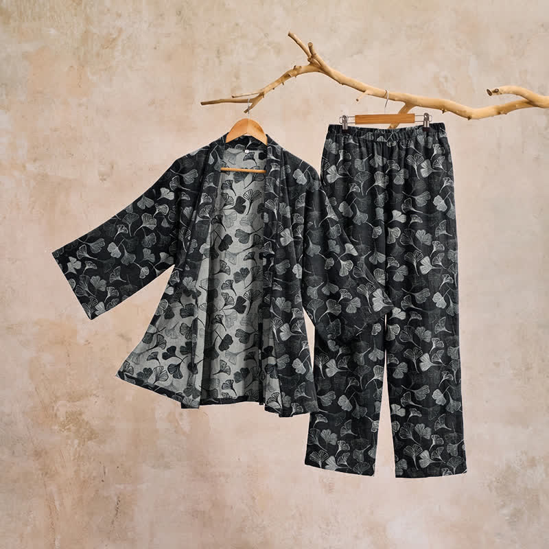 Loungewear-Set aus Baumwolle mit langen Ärmeln und Ginkgoblatt-Motiv - image 3