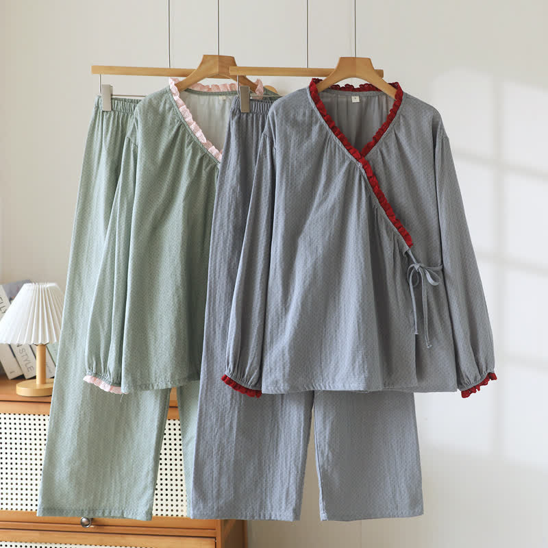 Loungewear-Set aus Baumwolle mit seitlichen Bindebändern - Grün - XL - image 0