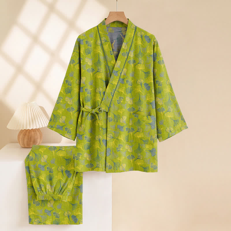 Kimono-Lounge-Pyjama-Set aus Baumwolle mit Ginkgo-Blatt - image 3