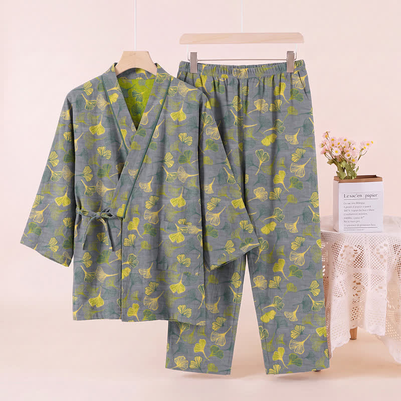 Kimono-Lounge-Pyjama-Set aus Baumwolle mit Ginkgo-Blatt - image 8