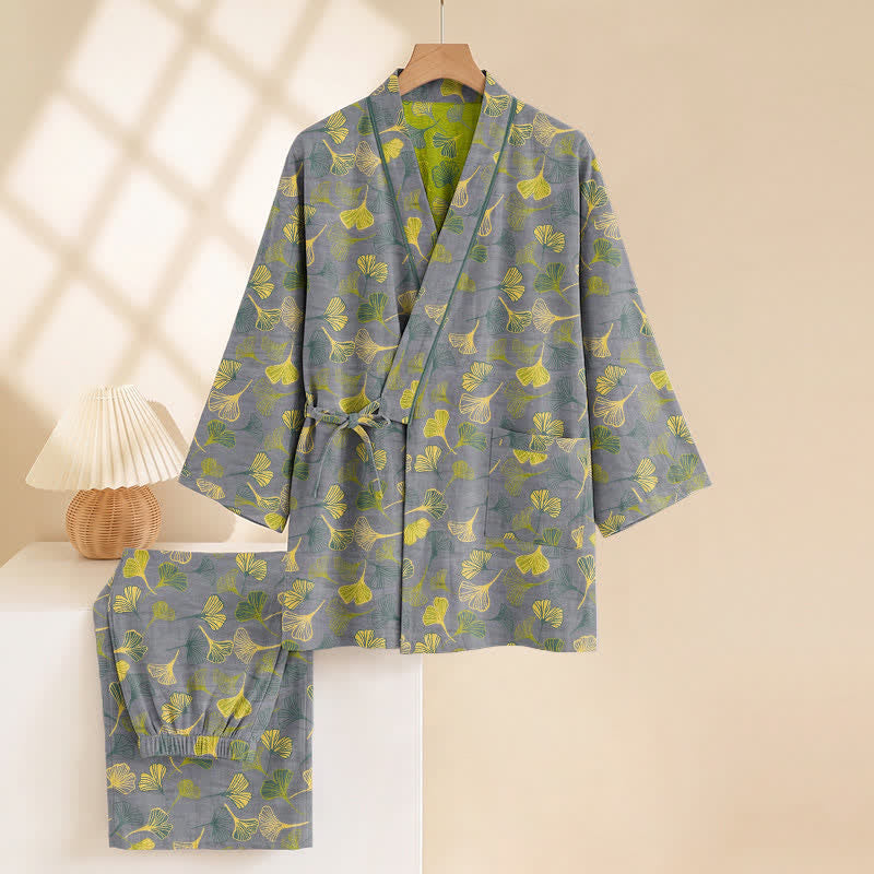 Kimono-Lounge-Pyjama-Set aus Baumwolle mit Ginkgo-Blatt - image 9