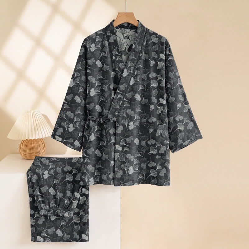 Loungewear-Set aus Baumwolle mit langen Ärmeln und Ginkgoblatt-Motiv - image 2