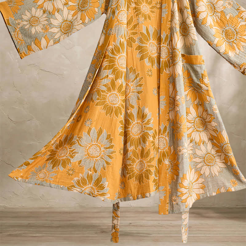 Vintage Sonnenblumen-Baumwollkimono-Bademantel - image 9