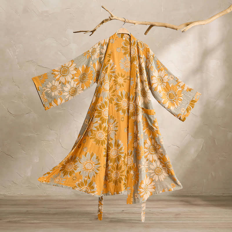 Vintage Sonnenblumen-Baumwollkimono-Bademantel - Grau - 2XL - image 7
