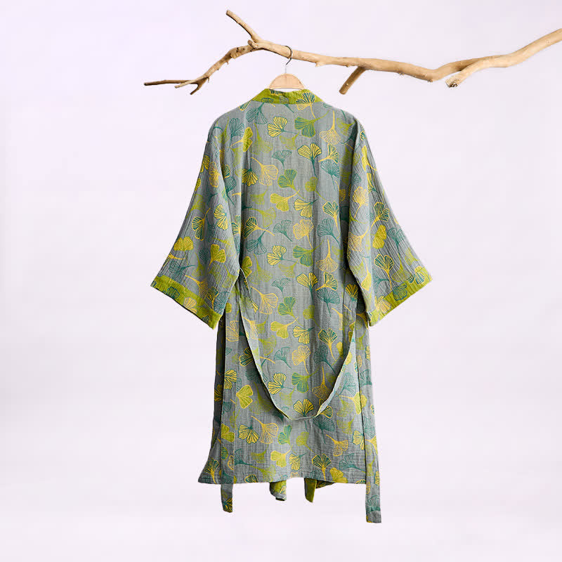 Kimono-Bademantel aus grün-grauem Ginkgoblatt-Baumwolle - image 5