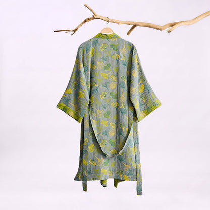 Kimono-Bademantel aus grün-grauem Ginkgoblatt-Baumwolle - image 5