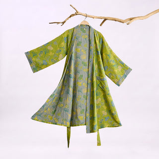 Kimono-Bademantel aus grün-grauem Ginkgoblatt-Baumwolle - Grün - 2XL - image 0