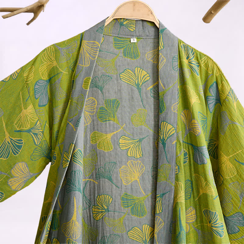 Kimono-Bademantel aus grün-grauem Ginkgoblatt-Baumwolle - image 2