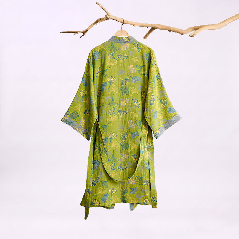 Kimono-Bademantel aus grün-grauem Ginkgoblatt-Baumwolle - image 1