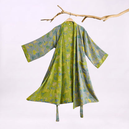 Kimono-Bademantel aus grün-grauem Ginkgoblatt-Baumwolle - Grau - 2XL - image 4