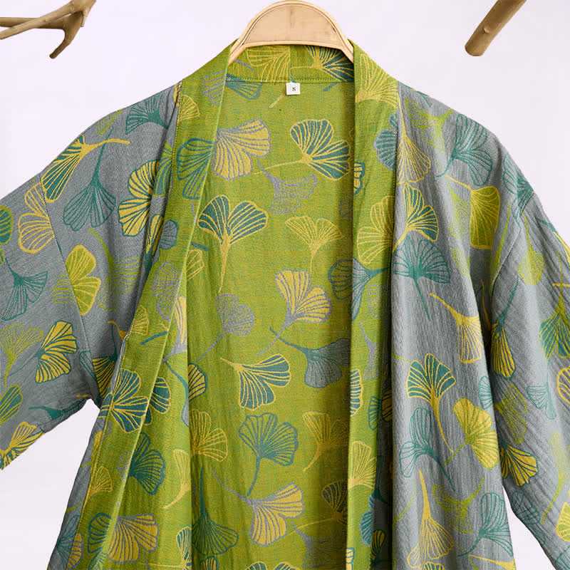 Kimono-Bademantel aus grün-grauem Ginkgoblatt-Baumwolle - image 6