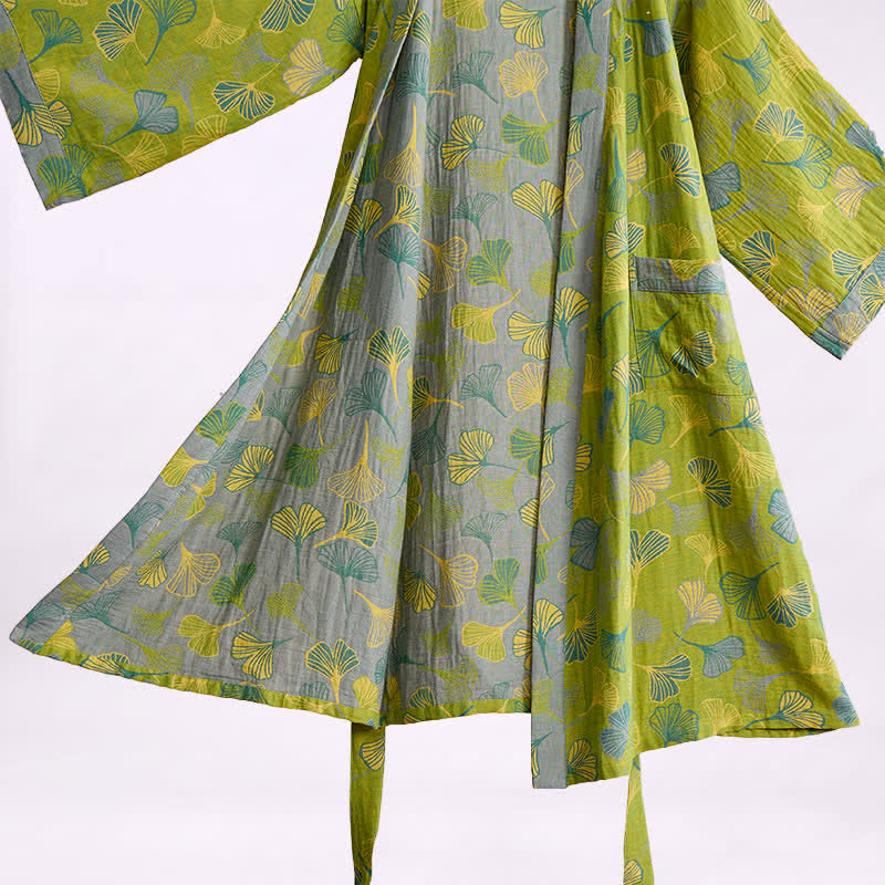 Kimono-Bademantel aus grün-grauem Ginkgoblatt-Baumwolle - image 3