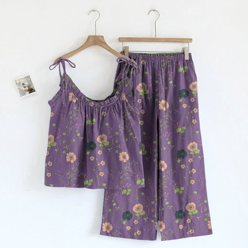 Vintage-Pyjama-Set mit Blumenmuster: Top und Hose - Lila & Grün - XL - image 3