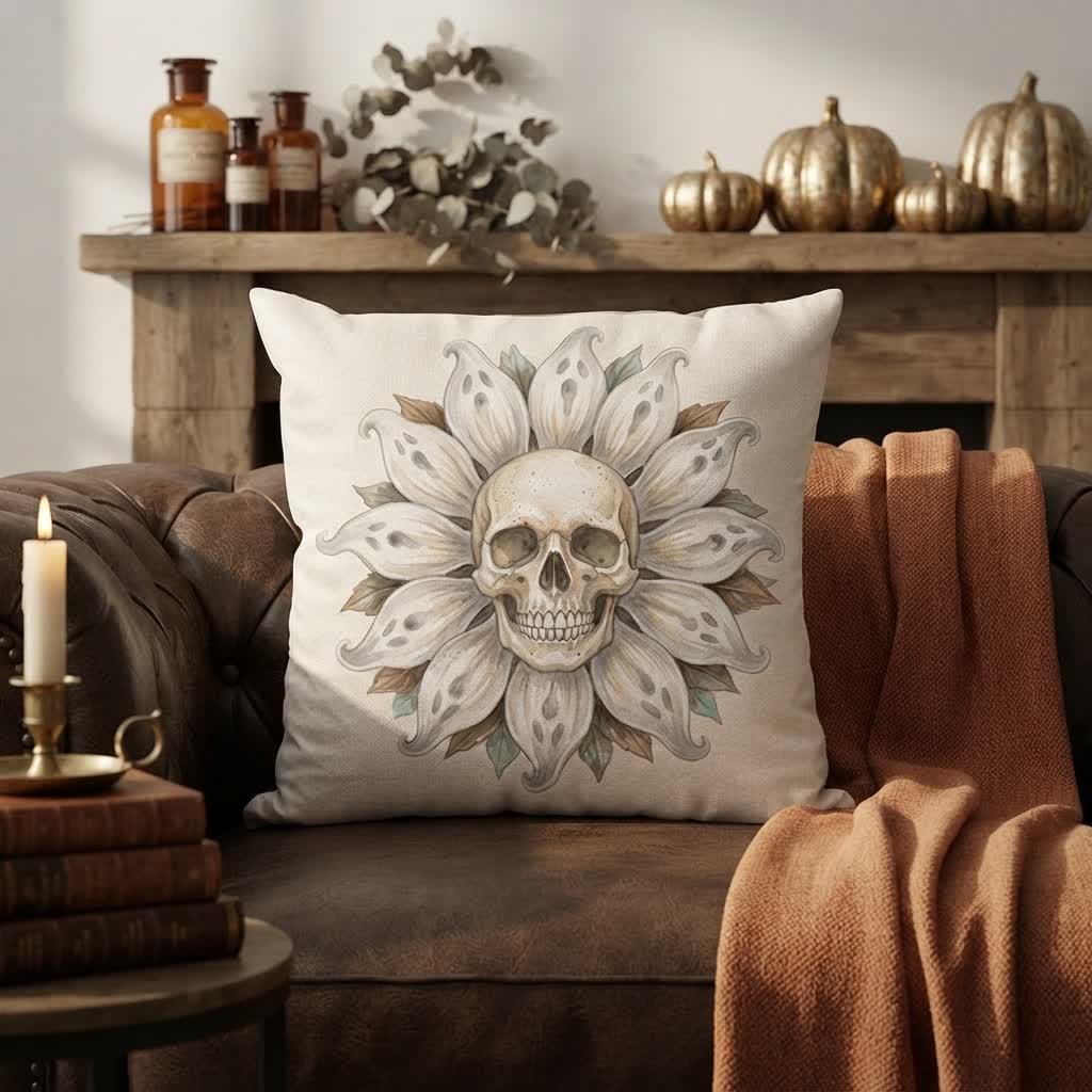 Plüschkissen mit Geister-Sonnenblumen-Totenkopf - image 1