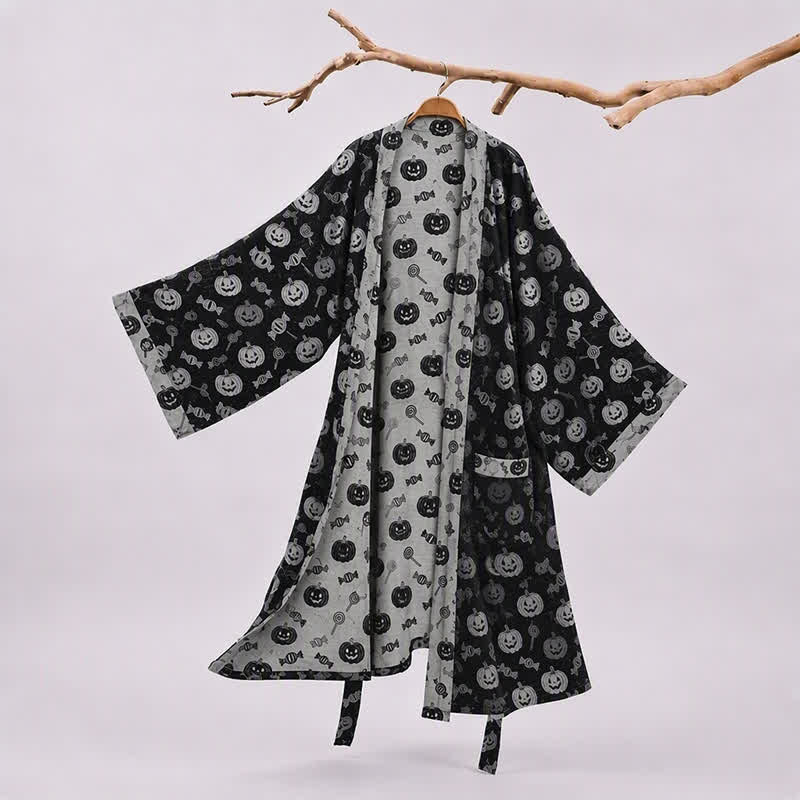 Halloween-Kürbis-Süßigkeiten-Baumwollkimono-Bademantel - Schwarz - 2XL - image 0