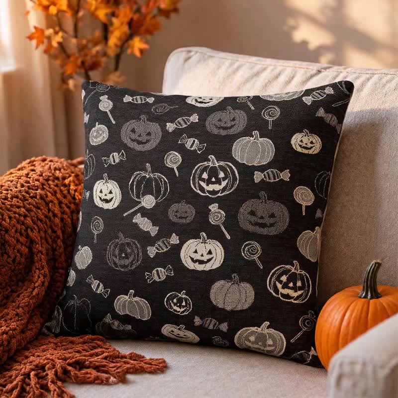 Halloween-Kürbis-Süßigkeiten-Baumwollkissen - Schwarz - 45cm x 45cm - Mit Einlage - image 0