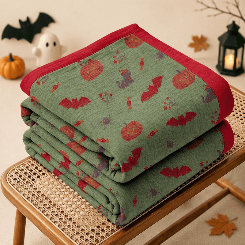 Halloween-Kürbis-Katzen-Spinne-Baumwolldecke - Grün - Decke - 98" x 94" - image 6