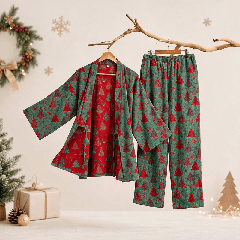 Weihnachtsbaum-Baumwollkimono-Loungewear-Set - Grün - XL - image 1