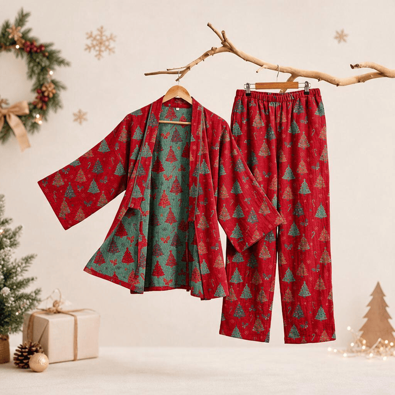 Weihnachtsbaum-Baumwollkimono-Loungewear-Set - Rot - XL - image 8