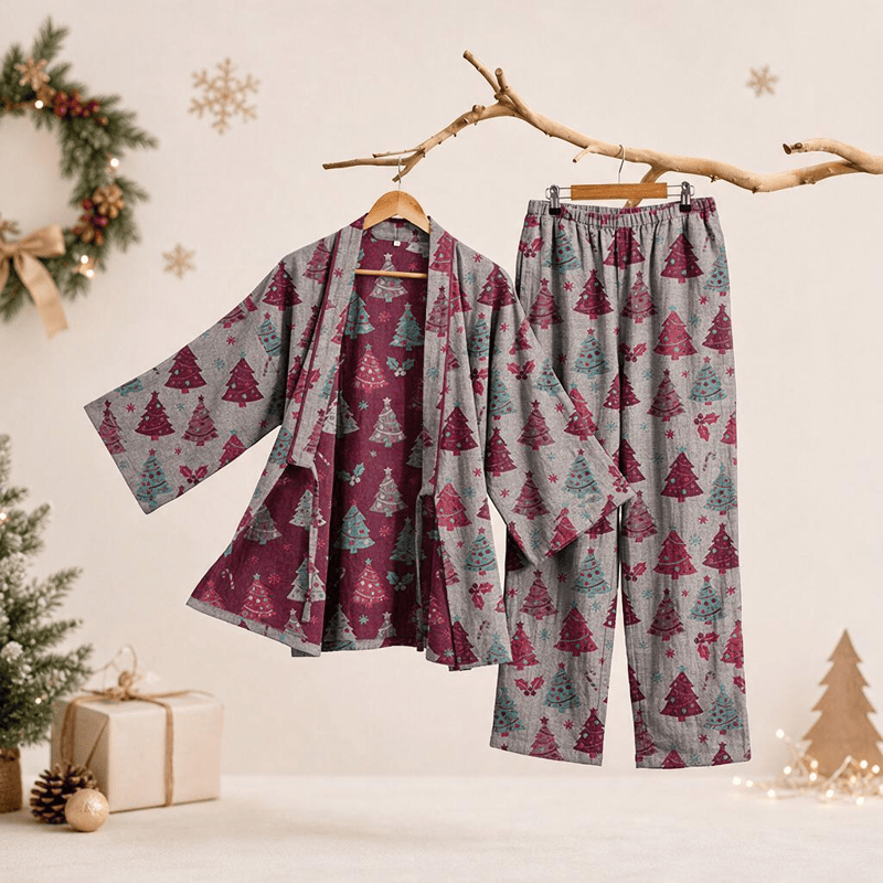 Weihnachtsbaum-Baumwollkimono-Loungewear-Set - Beige - XL - image 24
